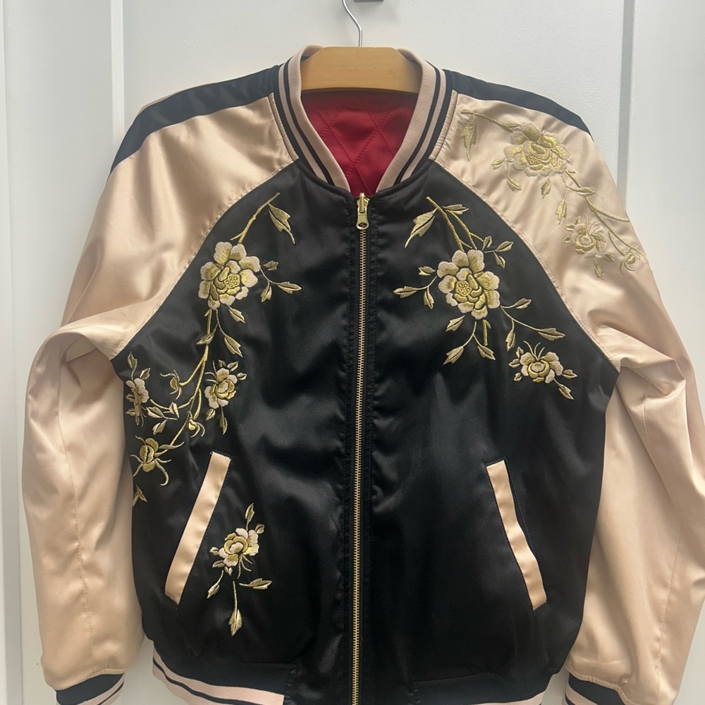 Express Black and Cream Floral Embroidered Bomber Jacket